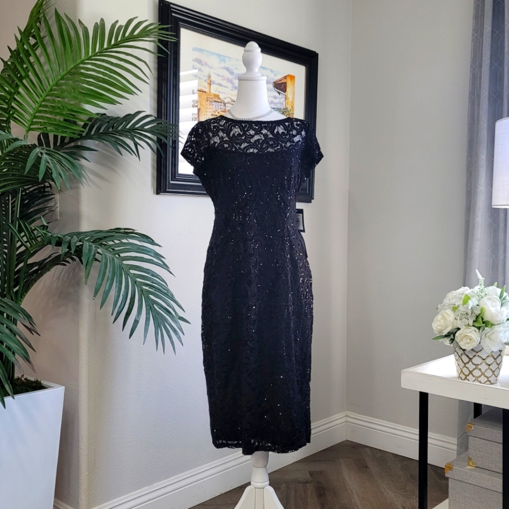 MARINA Lace Sequined Midi Cocktail Dress